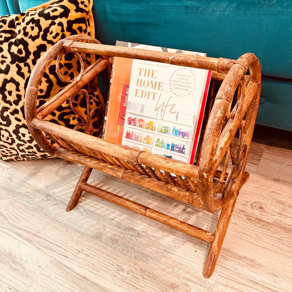 Vtg Bamboo Magazine Rack Wood Rattan Country Cottagecore Rustic Farmhouse MCM